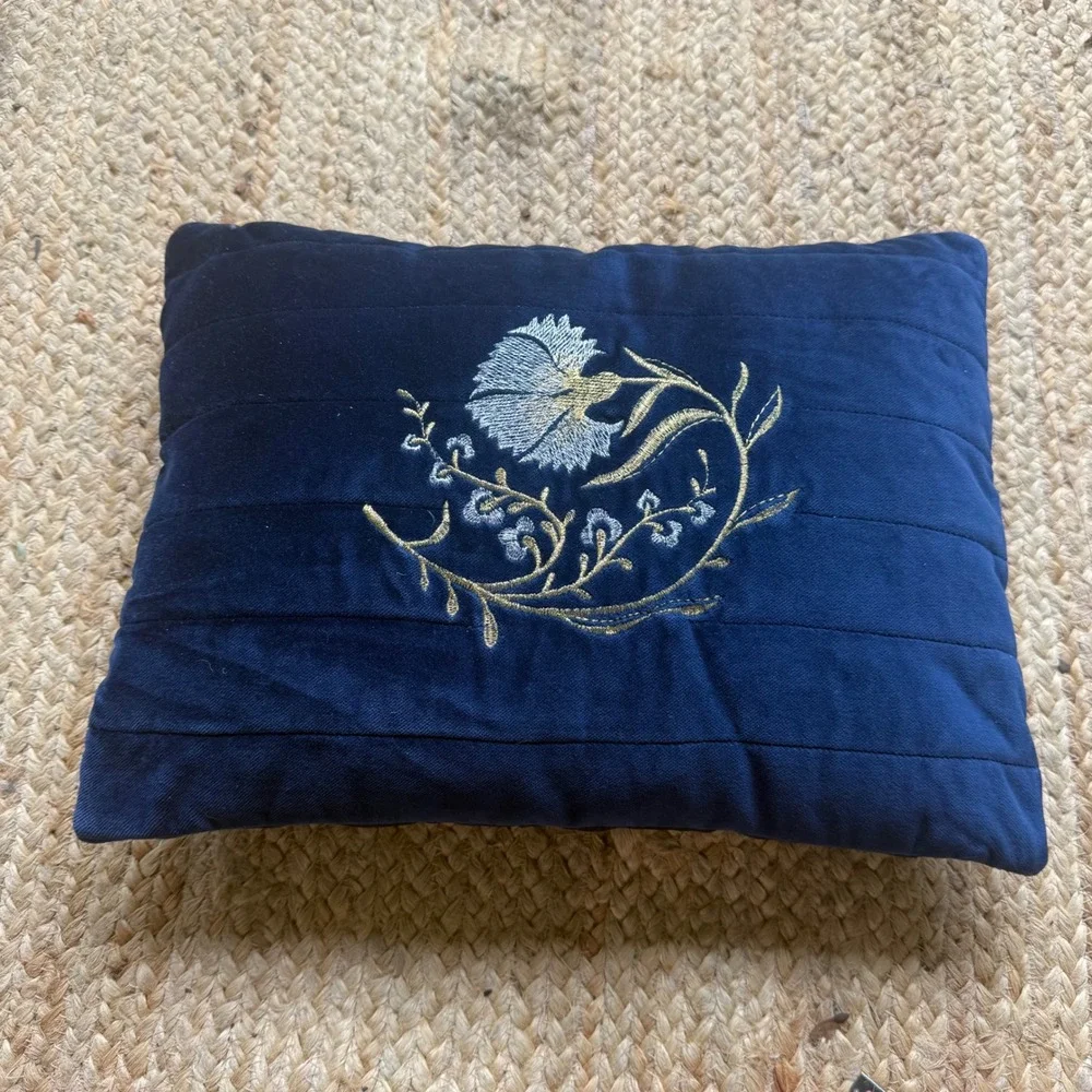 Vintage Navy Blue Velvet Embroidered Floral Throw Pillow Botanical Whimsigotj